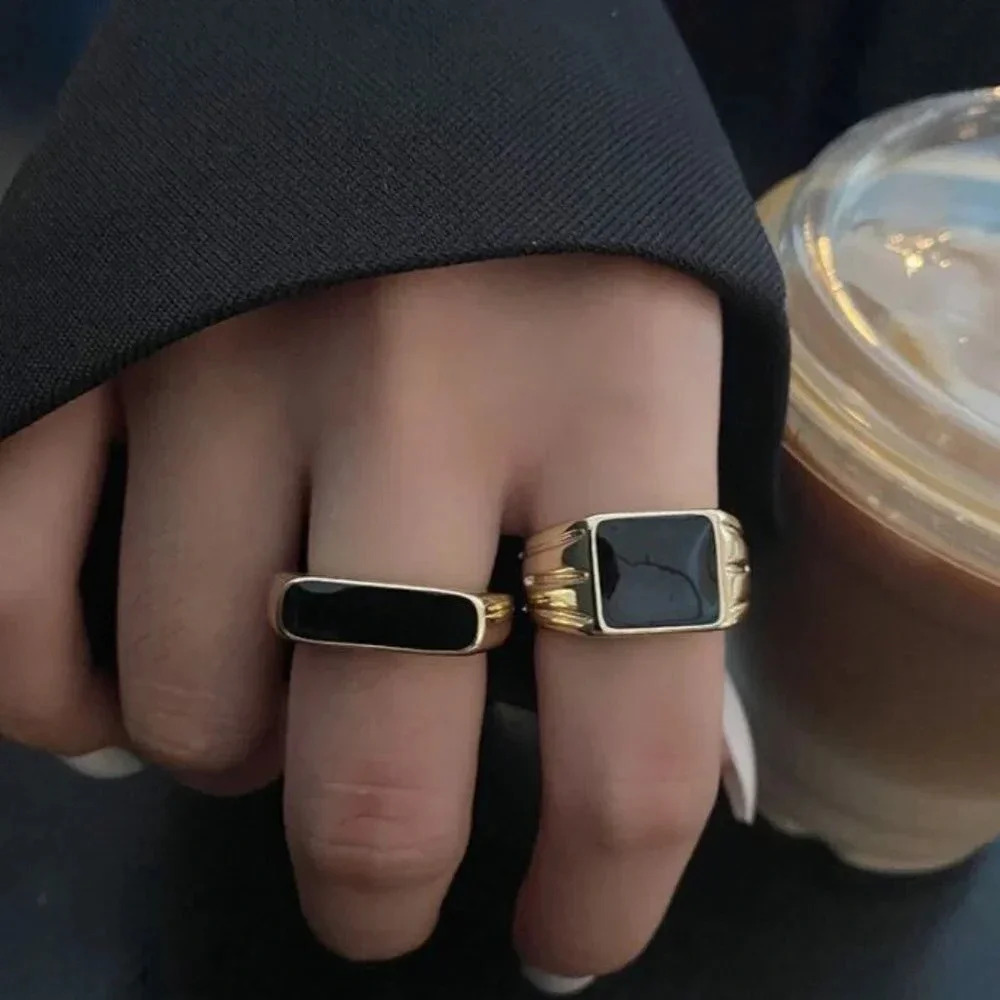 925 Sterling Silver Black Bar Ring Black Square Ring Gold Thick Ring Band